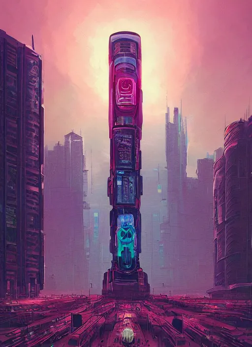 Image similar to a painting of a giant robot standing in front of a city, cyberpunk art by beeple by dan mumford, behance contest winner, nuclear art, dystopian art, apocalypse art, sci - fi