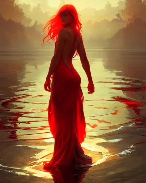 Image similar to emily rajtkowski, lake, red, flames everywhere, highly detailed, digital painting, artstation, concept art, smooth, sharp focus, illustration, art by artgerm and greg rutkowski and alphonse mucha