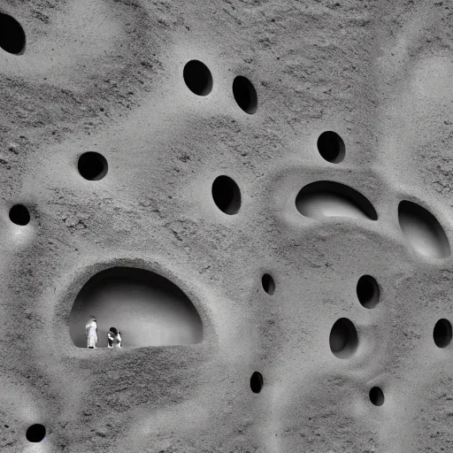 Image similar to landscape photograph of the amigara fault, human shaped holes in rock wall, realistic, hyper detailed