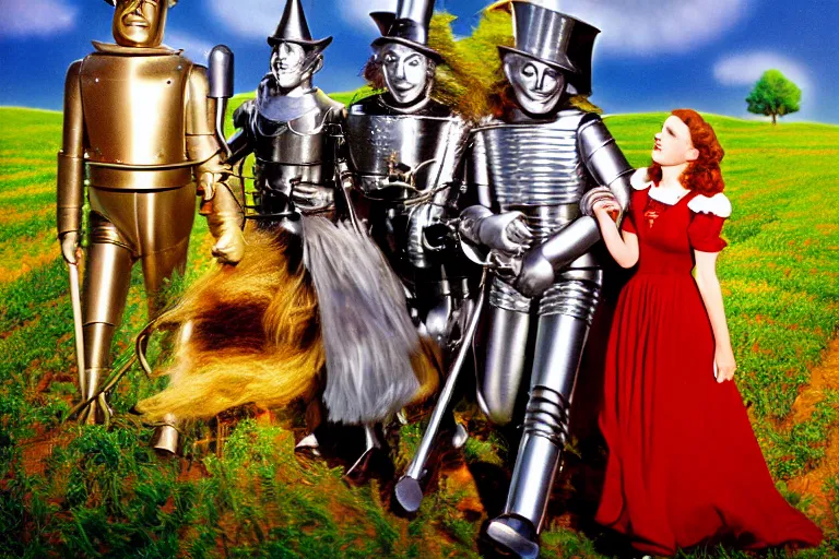 Prompt: Cinematography the wonderful wizard of Oz and Dorothy, tin man, the lion, the scarecrow by Emmanuek Lubensky