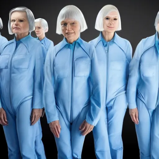 Image similar to troop of grannies with white bob hairdos, tight light blue neopren pilot suits, futuristic cloning facility, sci - fi, highly detailed, cinematic