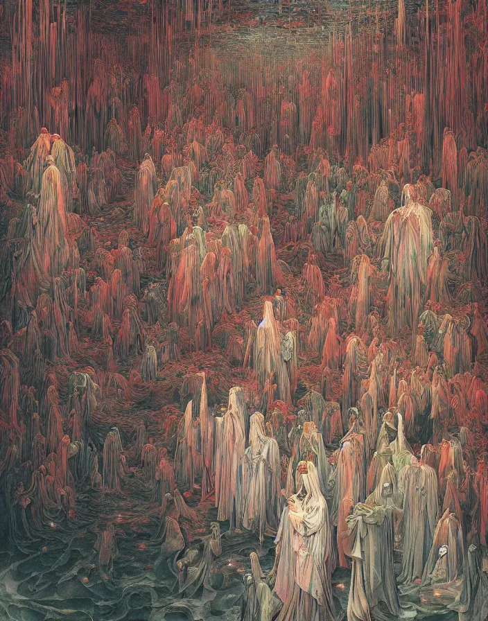 Image similar to worshippers in robes belonging to the cult of the crystal light gather inside a sma room around the big glowing crystal, big glowing crystal radiating white light, interior, high detailed beksinski painting, part by adrian ghenie and gerhard richter. art by takato yamamoto. masterpiece, deep colours