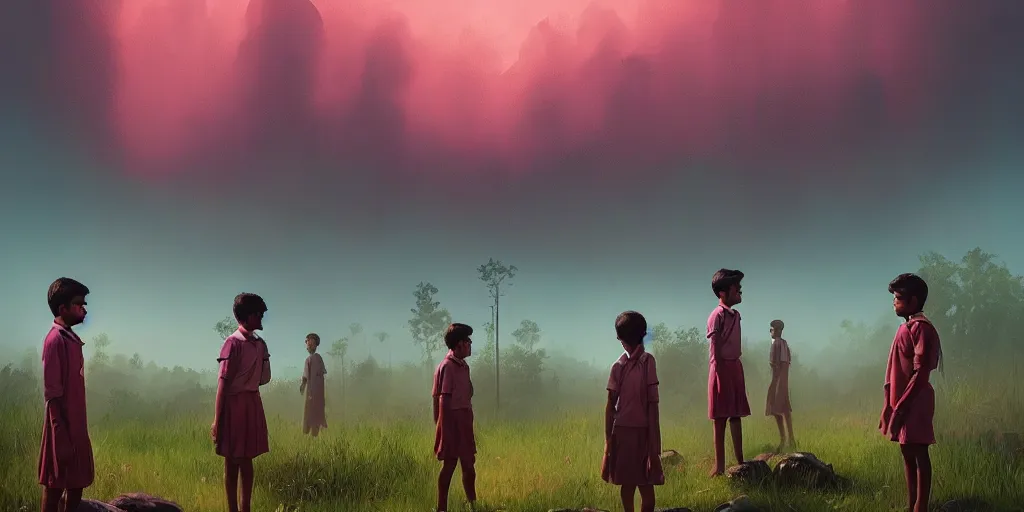 Image similar to kerala school boys wearing girls dresses posing for a photo, daylight, an epic fantasy, dramatic lighting, cinematic, establishing shot, extremely high detail, photorealistic, cinematic lighting, artstation, matte painting by simon stalenhag, horizon forbidden west landscape