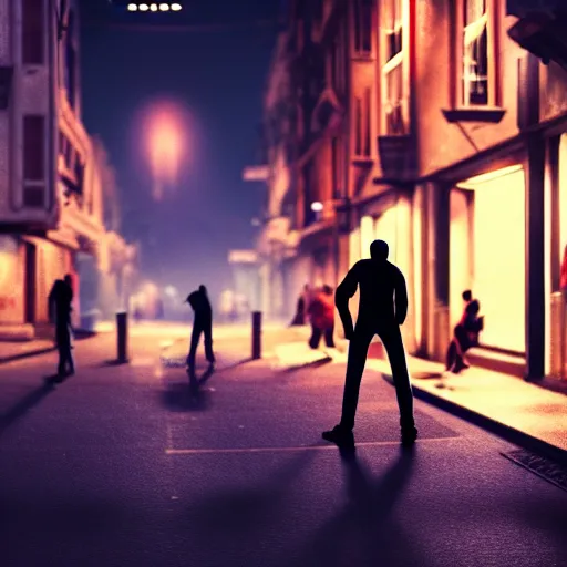 Prompt: man pissing outside, street, crowded area, people shock, cars, night by concept art, masterpiece, cinematic rendered, focus shot, soft lighting, 8 k hd resolution, high quality image