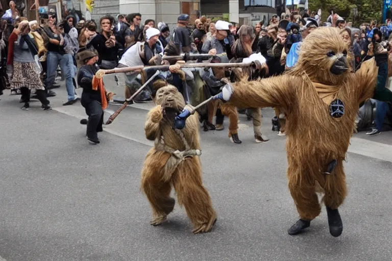 Image similar to ewoks rioting in front of a government building!!!, flaming torches and pitchforks