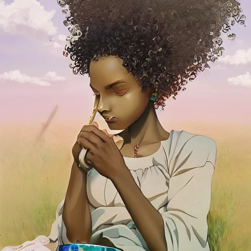 Image similar to a somali woman with curly hair, painting on a canvas, anime style, studio ghibli, contemplative, beautiful, surreal, detailed, dreamy