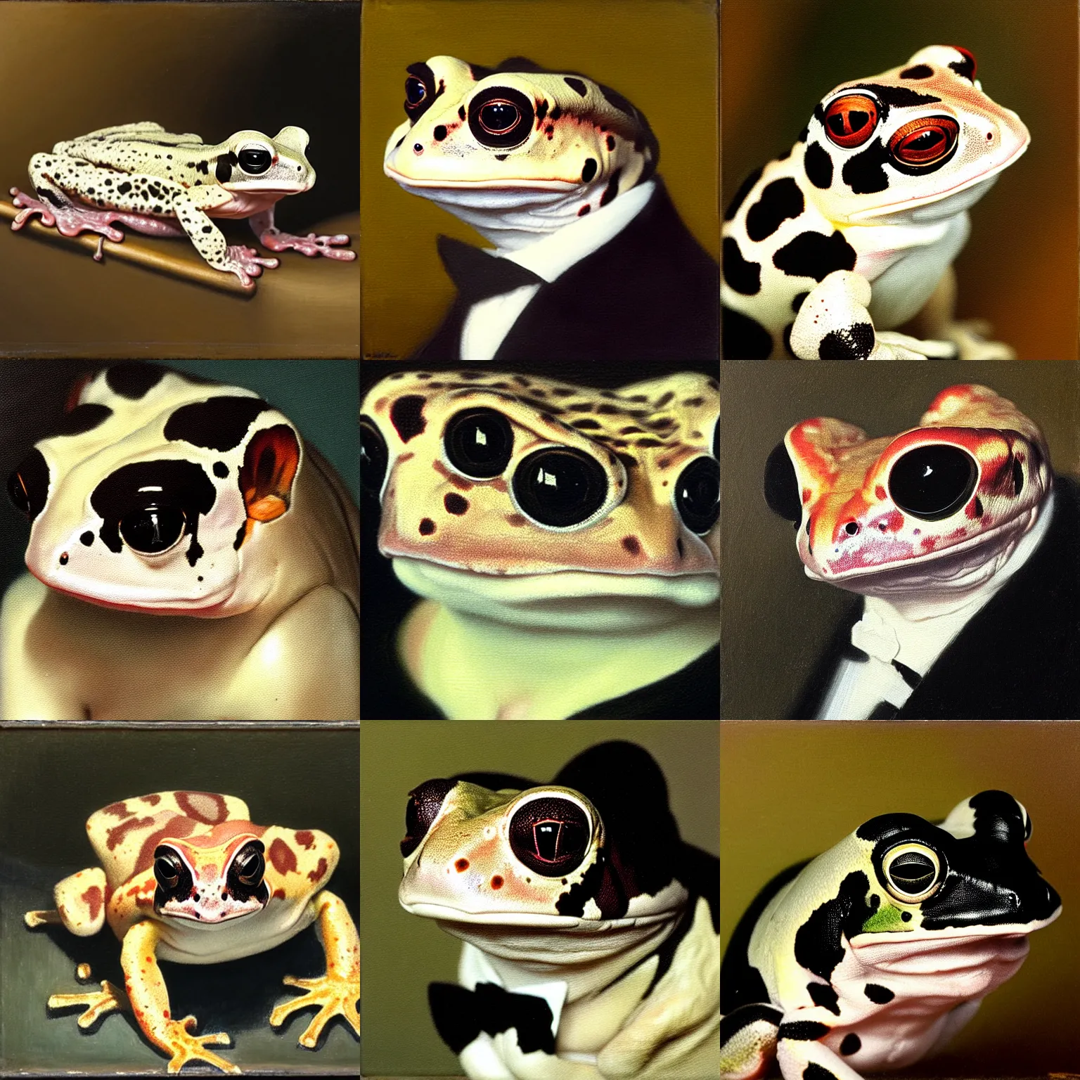 Image similar to a head - and - shoulders portrait of an amazon milk frog wearing a black tuxedo looking off camera, an american romanticism painting, oil on canvas, cgsociety, soft focus