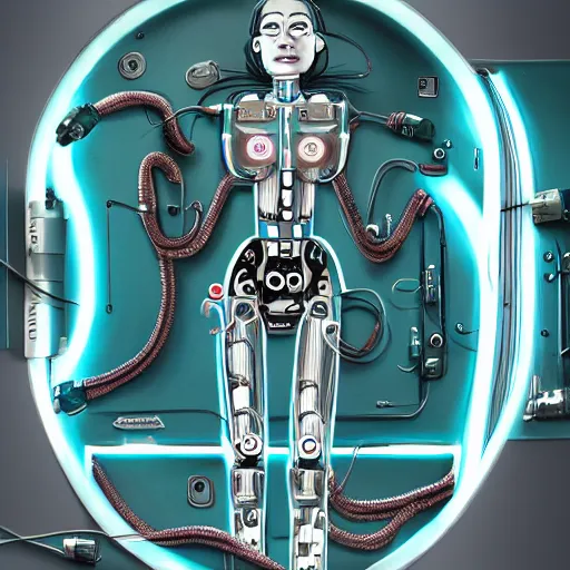 Image similar to the torso of fully a mechanical terminator lady with borg implants, human face and robotic snakes coming out of her head is hanging from cables and wires off the ceiling of an futuristic computer lab and plugged into a quantum computer. Her bottom half is missing with cables hanging out. She is taking a sip from a cup of coffee. Tiny green led lights in her cybernetics. very detailed 8k. Cyberpunk horror style.