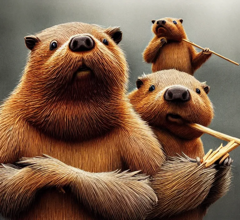 Image similar to photography hyperrealism concept art of anthropomorphic beavers builders that building city with sticks