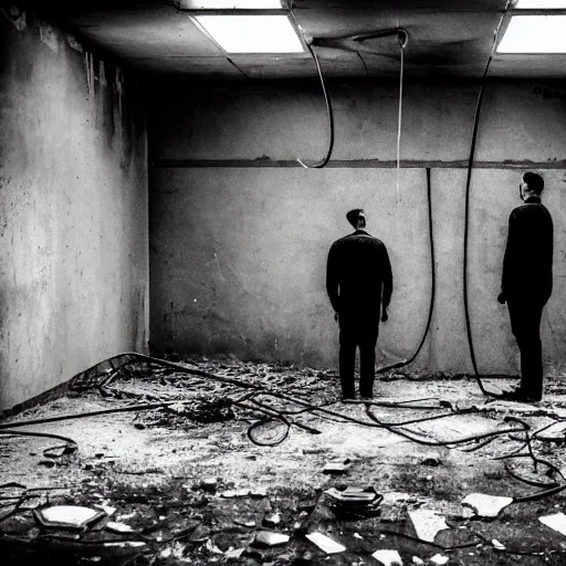 Prompt: two men in black, watching a black hole forming in the grimy grungy basement of an abandoned apartment block, wires, cables, grainy black and white photography