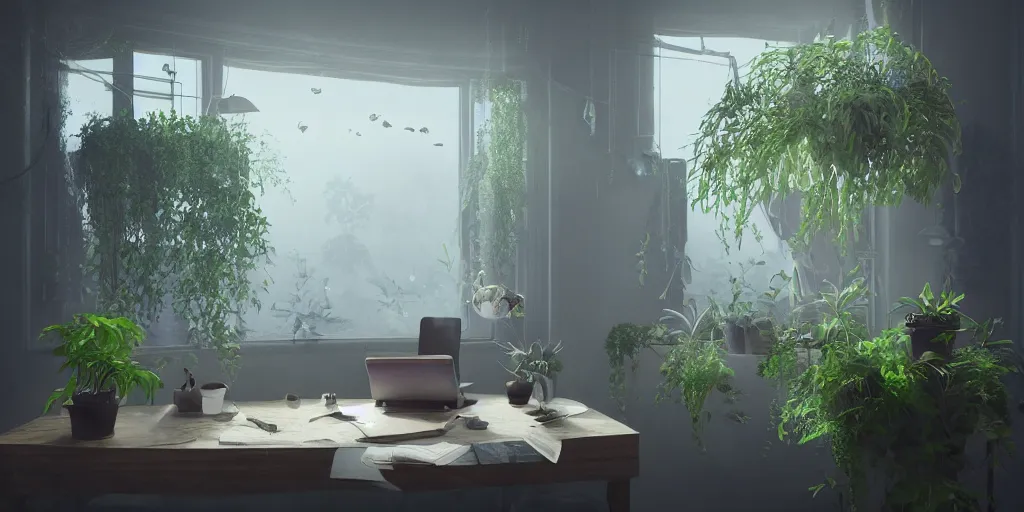 Prompt: kamwei fong cat desk office mirrors plants gloomy strange weird mist curious fish luminous bloom windows insect atmosphere sense awe 4 k 8 k render 3 d unreal engine 5 octane by nikolina petolas