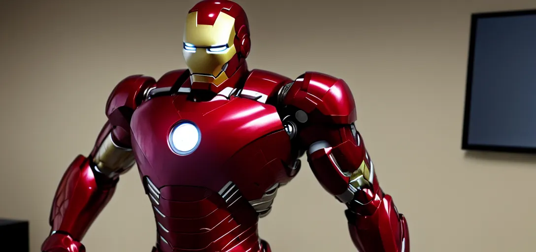 Image similar to a very high resolution image of ironman in an episode of the office. photorealistic, photography