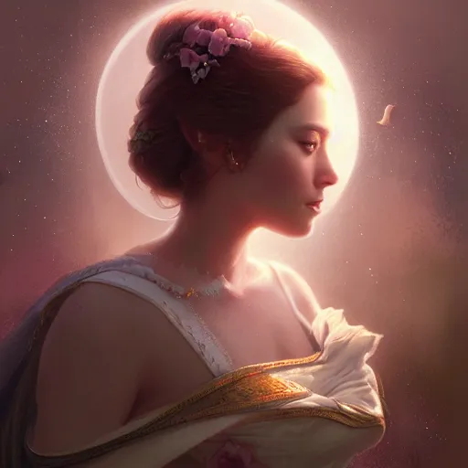 Prompt: a beautiful digital painting of a princess, princess, the moon behind her, intricate, cinematic lighting, highly detailed, digital painting, concept art, smooth, sharp focus, illustration, art by tom bagshaw, artgerm and greg rutkowski 1 0 k