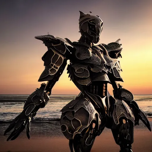 Image similar to chest up shot, realistic detailed stunning beautiful armored humanoid robot anthropomorphic female dragon, looking to the side with an elegant pose of hand on hip, smooth and streamlined armor and design made of steel, sharp claws and sharp teeth, high quality head, Slick LEDs, standing on two legs, on the beach during sunset, high quality, cinematic art, sci fi, sunset lighting, 3D render, 8k, artstation, deviantart, furaffinity