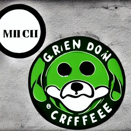 Prompt: green circular coffee shop logo, depicting ugly and dirty dog in center, horror movie dog