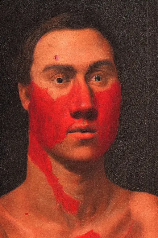 Prompt: close-up portrait of young red man who skinned himself, in style of classicism