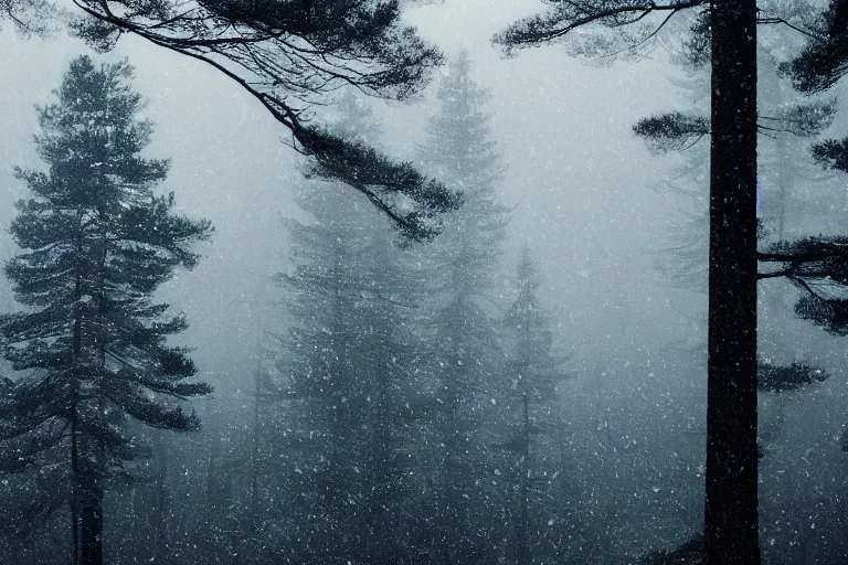 Image similar to portrait of pine trees in a forest during a blizzard. shadow and light. rays of light. energetic, dynamic, lively, detailed, intricate, complex. fine art by hayao miyazaki, akira toriyama, makoto shinkai, and ohara koson. studio lighting. tilt and shift lens. bokeh.