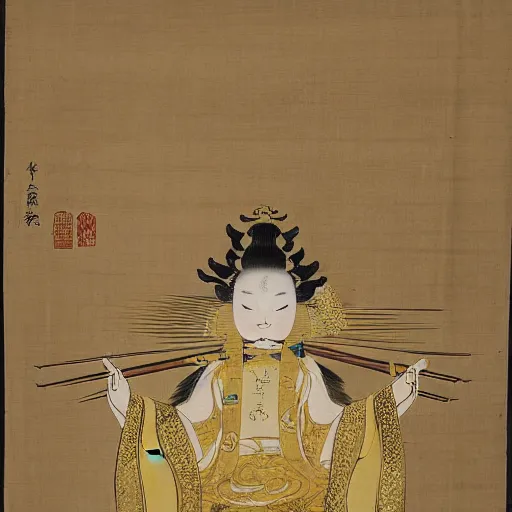 Prompt: a golden deity with the head of the baby harp seal, radiating golden light, wearing royal kimono, Japanese ink drawing from 1700