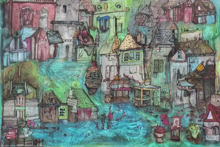 Image similar to a small fantasy town, mixed media on canvas, 2 d, whimsical,