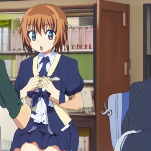 Prompt: cute anime girl bribing the district attorney, still from tv anime, Kyoto animation studio, high detail,