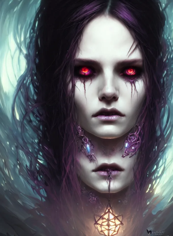 Image similar to Necromancer Sorceress face close-up macro in center, fantasy magic, undercut hairstyle, dark light night, intricate, elegant, sharp focus, illustration, highly detailed, digital painting, concept art, matte, art by WLOP and Artgerm and Greg Rutkowski and Alphonse Mucha, masterpiece