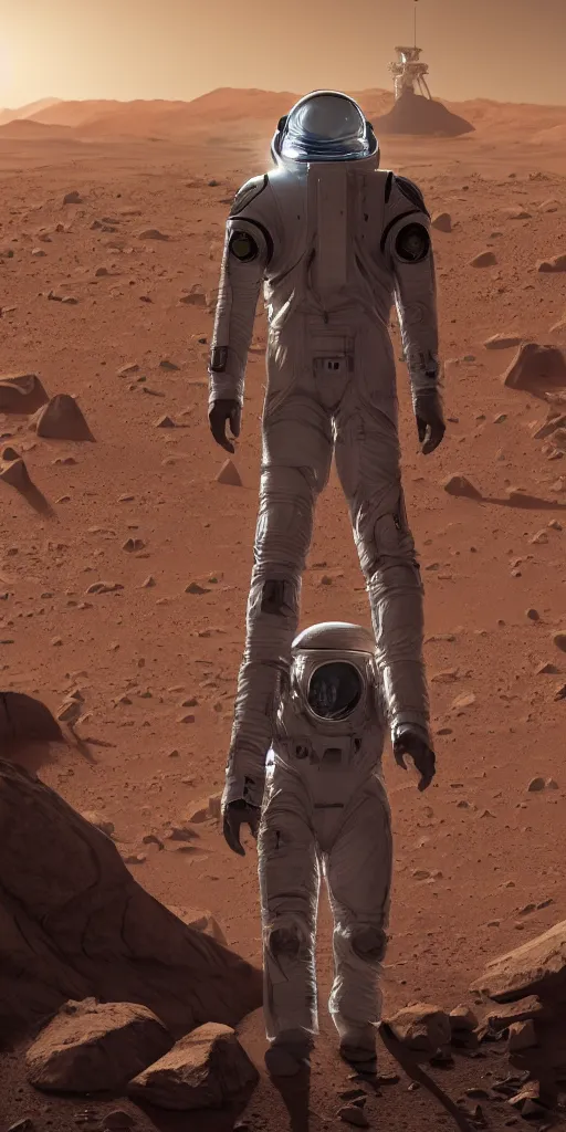 Image similar to concept art, american astronauts in the distance + new lightweight spacesuit landing on mars, musk's mars migration program, cyberpunk, backlight, epic, high detail, 8 k, octane rendering, unreal engine.