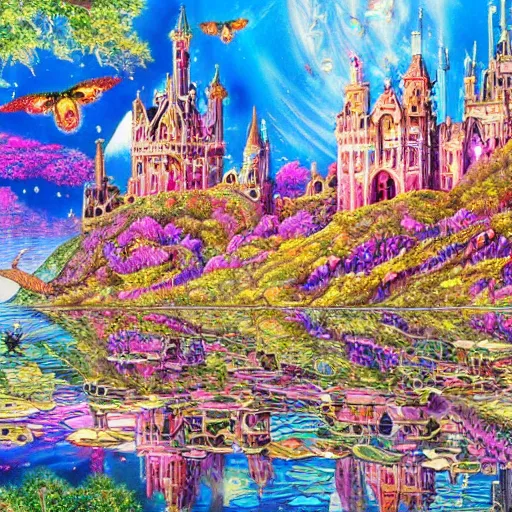 Image similar to a gigantic tall towering surreal elaborate sparkling gothic stone castle built over a lake on a bright sunny day, illustration by Ayami Kojima, Lisa Frank coloring, concept art, hyperdetailed, 4k