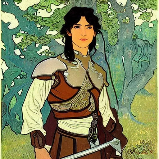 Image similar to painting of young handsome beautiful paladin elf!! man with long! wavy dark hair in his 2 0 s named taehyung minjun at the blueberry party, wearing armor!, long hair, elf ears, elegant, clear, painting, stylized, delicate, soft facial features, art, art by alphonse mucha, vincent van gogh, egon schiele,