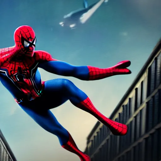 Image similar to film, movie still, film still of Dustin Henderson as Spiderman, 2023, dramatic lighting, movie poster, cinematic action scene, realistic, high definition quality, best movie of the year, award winning film
