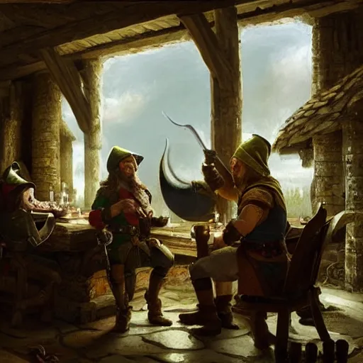 Image similar to An elf ranger and a dwarf berserker having drinks together in a tavern, baroque, oil on canvas, by Greg Rutkowski