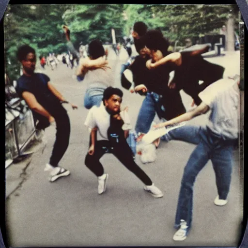 Prompt: Polaroid SX70 photo of 4 breakdancers battling in the bronx in 1984, 35mm lens