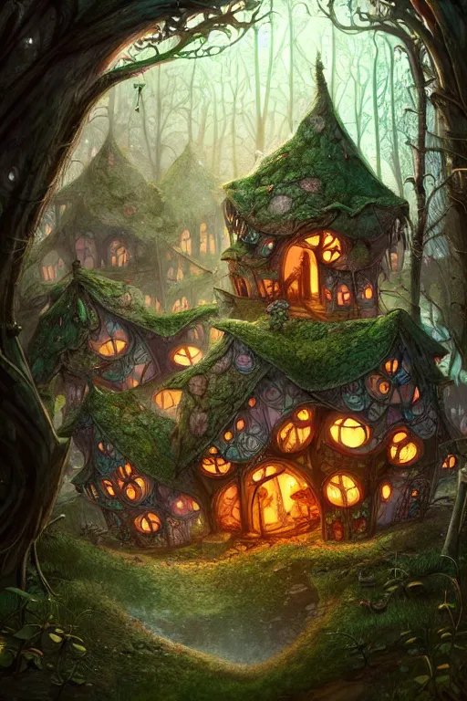 Image similar to a storybook illustration of a ramshackle multistory fairytale hut in the forest, intricate, elegant, fantasy, highly detailed, digital painting, concept art, sharp focus, artstation