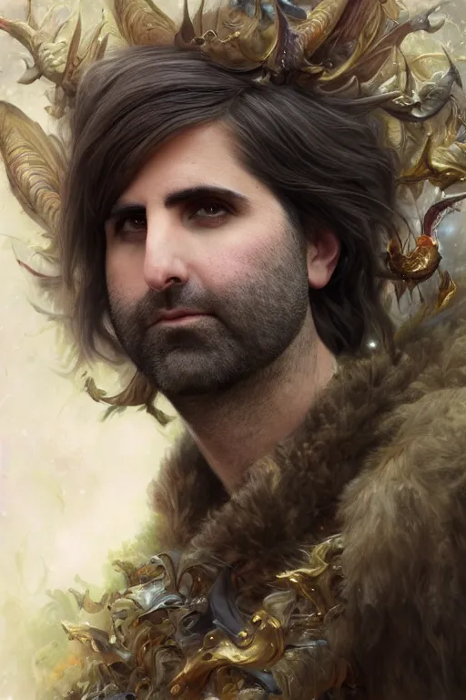 Image similar to closeup portrait shot of jason schwartzman as king oberon, fairy wings, lord of beasts, highly detailed, digital painting, artstation, concept art, soft focus, depth of field, artgerm, tomasz alen kopera, peter mohrbacher, donato giancola, wlop, boris vallejo