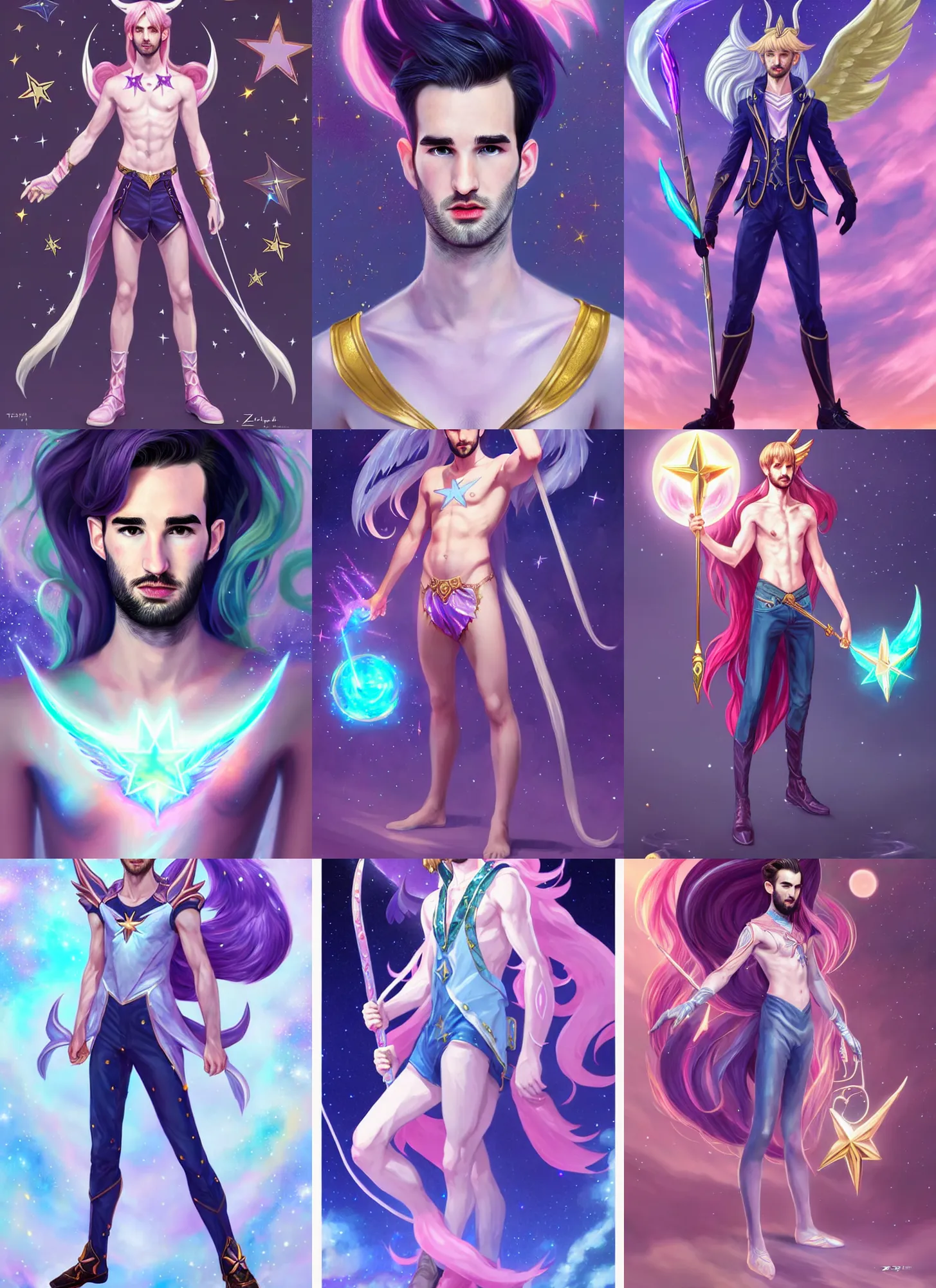 Prompt: full body portrait of tom sturridge as a magical star guardian. detailed face, concept art, intricate, highly detailed 8 k, smooth, sharp focus, handsome and aesthetic shape of face and body, artgerm, artstation, art by zexi guo and nira and junpei suzuki and gharliera and rinotuna
