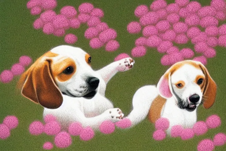 Prompt: white and brown beagle dog playing in a full of pink flowers, by Quint Buchholz, pastel colors