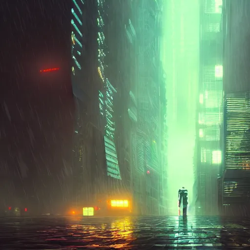 Image similar to rain, giant futuristic cyberpunk spaceship with small character silhouette in the foreground, blade runner, dense fog, bloom, cinematic contrasted lighting, ultra detailed, trending on artstation