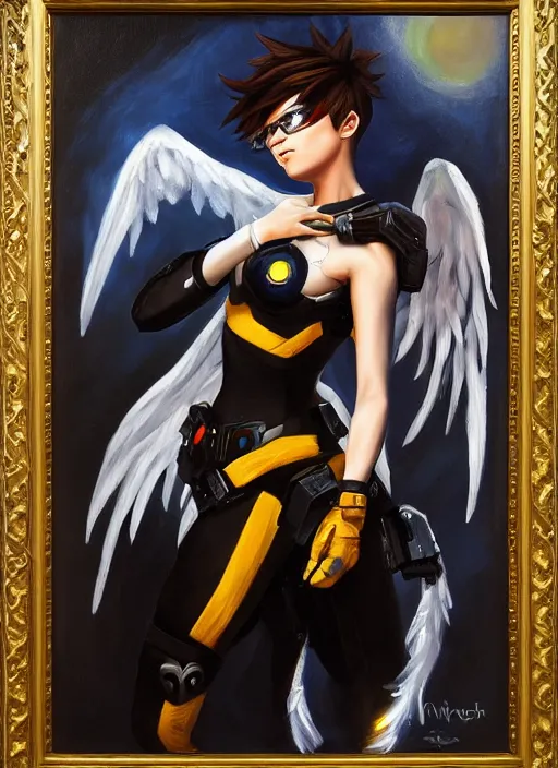 Image similar to oil painting of tracer overwatch in the style of sophie anderson, flying, angel wings, black outfit,