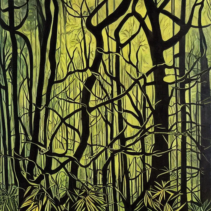 Image similar to charles burchfield art painting, beautiful arboreal forest by Adriaan Herman Gouwe