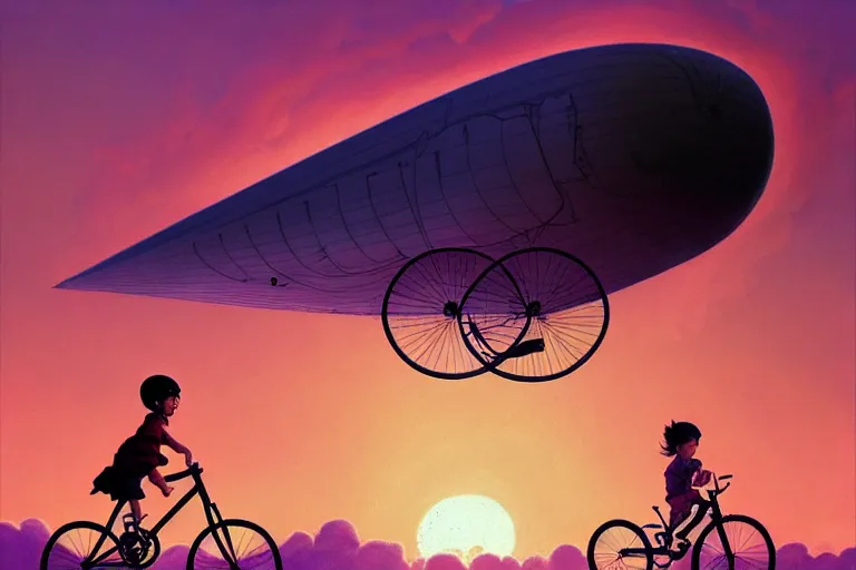 Prompt: kid rides a bicycle waving good bye to the airship at sunset, in the style of james jean, intricate and epic composition, purple by caravaggio, insanely quality, highly detailed, masterpiece, purple light, artstation, 4 k