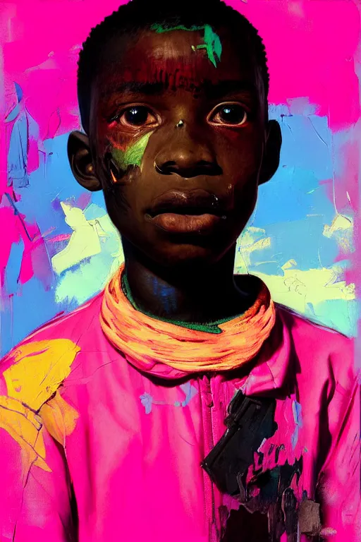 Prompt: portrait of a african young boy nor living in a death postapoliptic world, painted in acrylic, pigment, in the colors hot pink and cyan, beautiful realistic face, rule of thirds, soldier outfit, spotlight, by greg rutkowski, by jeremy mann, by francoise nielly, by van gogh, by ross tran, digital painting