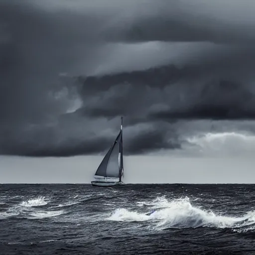 Prompt: a sailing boat in stormy weather