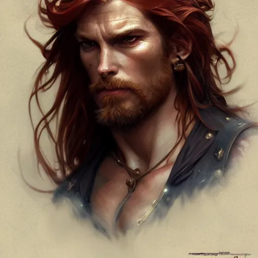 Prompt: portrait of a young ruggedly handsome pirate, male, masculine, upper body, red hair, long hair, d & d, fantasy, intricate, elegant, highly detailed, digital painting, artstation, concept art, matte, sharp focus, illustration, art by artgerm and greg rutkowski and alphonse mucha