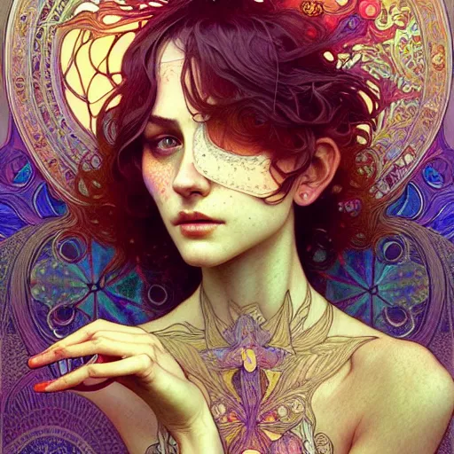 Image similar to Girl have a psychedelic experience, magic mushrooms, psilocybin, face, detailed, intricate, elegant, highly detailed, digital painting, artstation, concept art, smooth, sharp focus, illustration, art by Krenz Cushart and Artem Demura and alphonse mucha