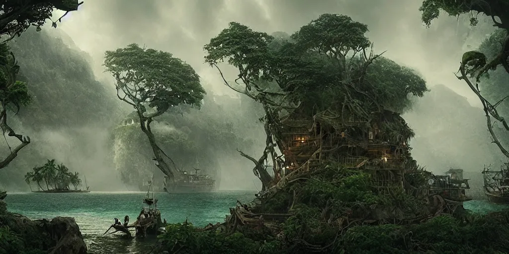 Prompt: screenshot from a dramatic pirate movie of ab epic matte painting of a misty jungle island on choppy seas, cinematic cinematography masterpiece, skull, greg rutkowski, and ivan aivazovski, roger deakins