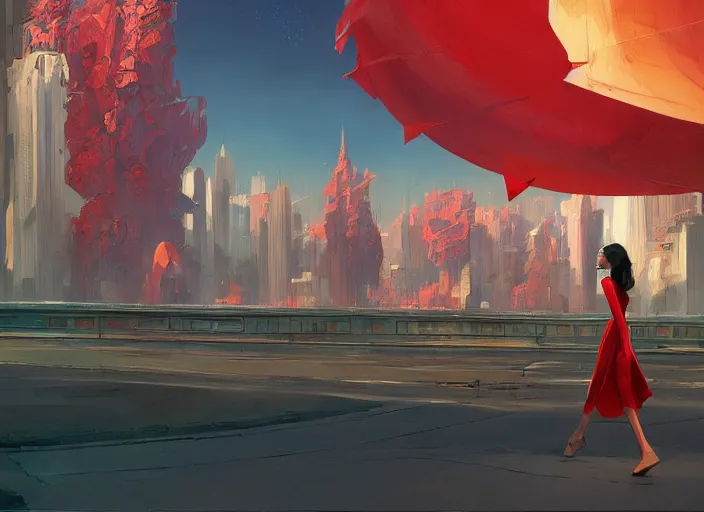 Image similar to gorgeous inspiring girl waving a red flag over her head enthusiastically walking through Mandelbrot fractal futuristic bustling utopian city by Craig Mullins, ilya kuvshinov, krenz cushart, artgerm trending on artstation by Edward Hopper and Dan Mumford and WLOP and Rutkovsky, Unreal Engine 5, Lumen, Nanite
