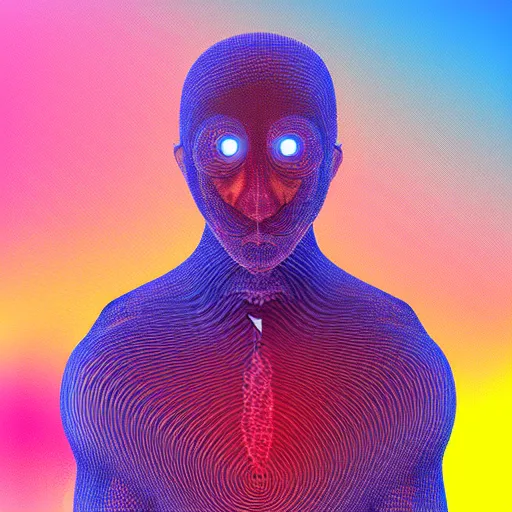 Image similar to human man that resembles a wasp morh in surreal sketch style, blue and yellow gradient, noise, ultrafine detail, hd 8k, logo illustration