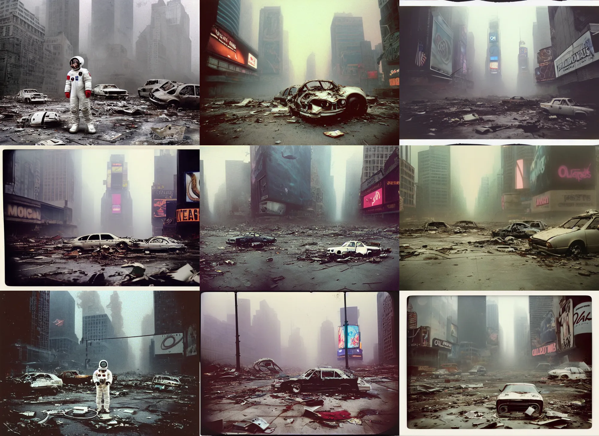 Prompt: faded photographs of octopus as american white spacesuit chubby astronaut in postapocalyptic abandoned destroyed times square, wrecked buildings, destroyed flipped wrecked cars, underwater polaroid photo, vintage, foggy, 1 9 8 5, neutral colors, rainy day, color photo by gregory crewdson