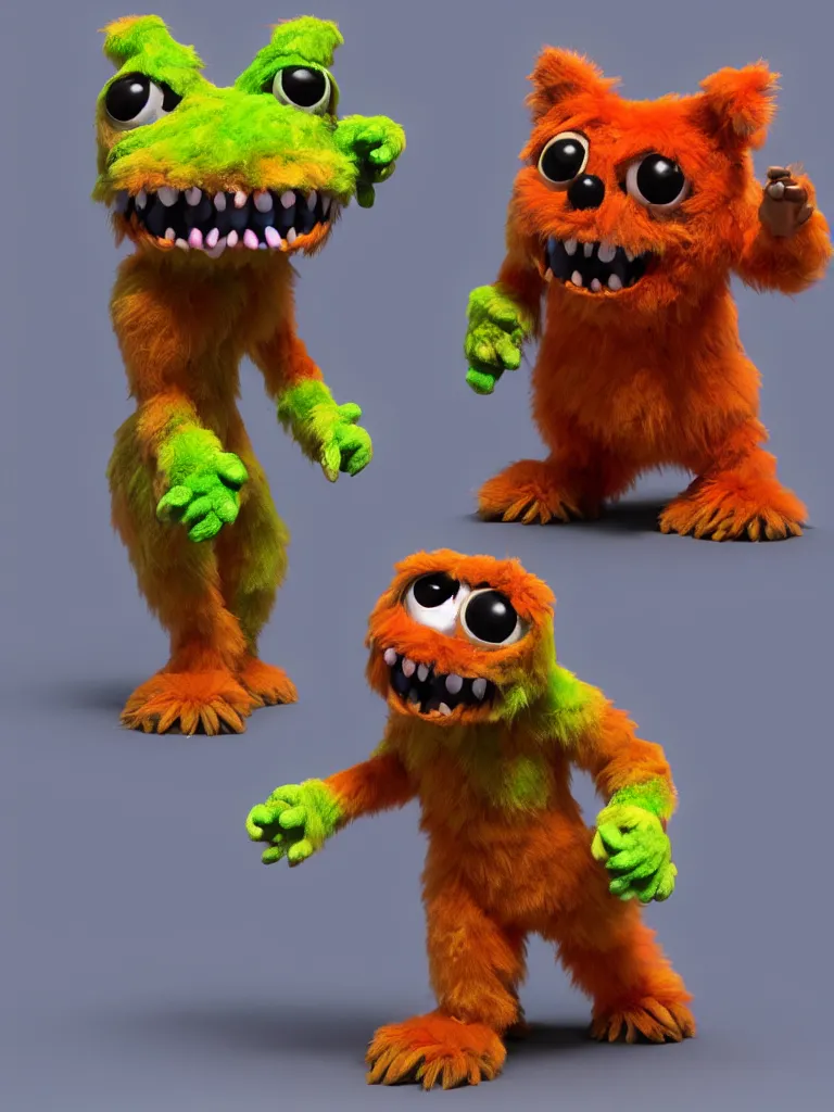 Image similar to smiling colorful furry monster toy each with gloved hands on its arms and boots on its feet and two big round eyes, 3D model unreal engine highly detailed rendered in pixar renderman