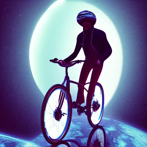 Prompt: A portrait of a man riding a bicycle in space, backlight, volumetric lighting, detailed, trending on artstation, 8k, octane render