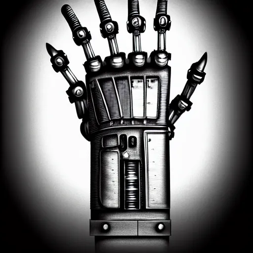 Prompt: robot hand drawing robot hand, by tony diterlizzi, tim burton, hr giger, ilford hp 5, 5 5 mm, machinecore by artgerm, 3 d render, gothcore, beeple, joseph leyendecker, carlo carra